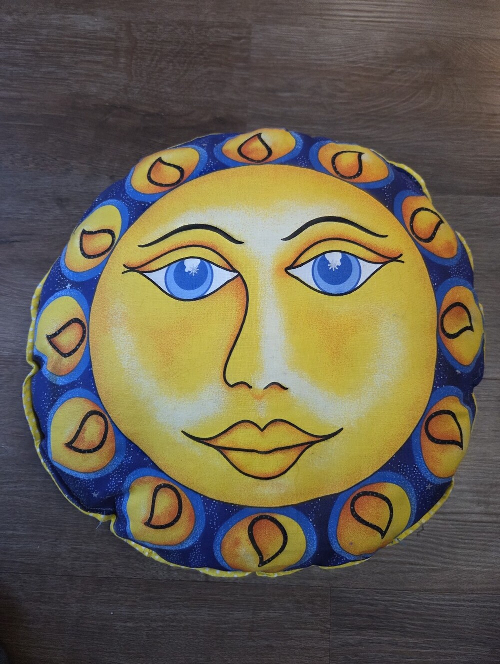 Vintage Hand Made Round Celestial Sun and Moon Double sided Decorative Pillow